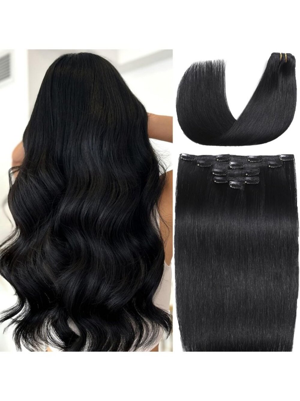Real Human Hair Clip-In Extensions - Jet Black, Easy to Apply, Natural Look